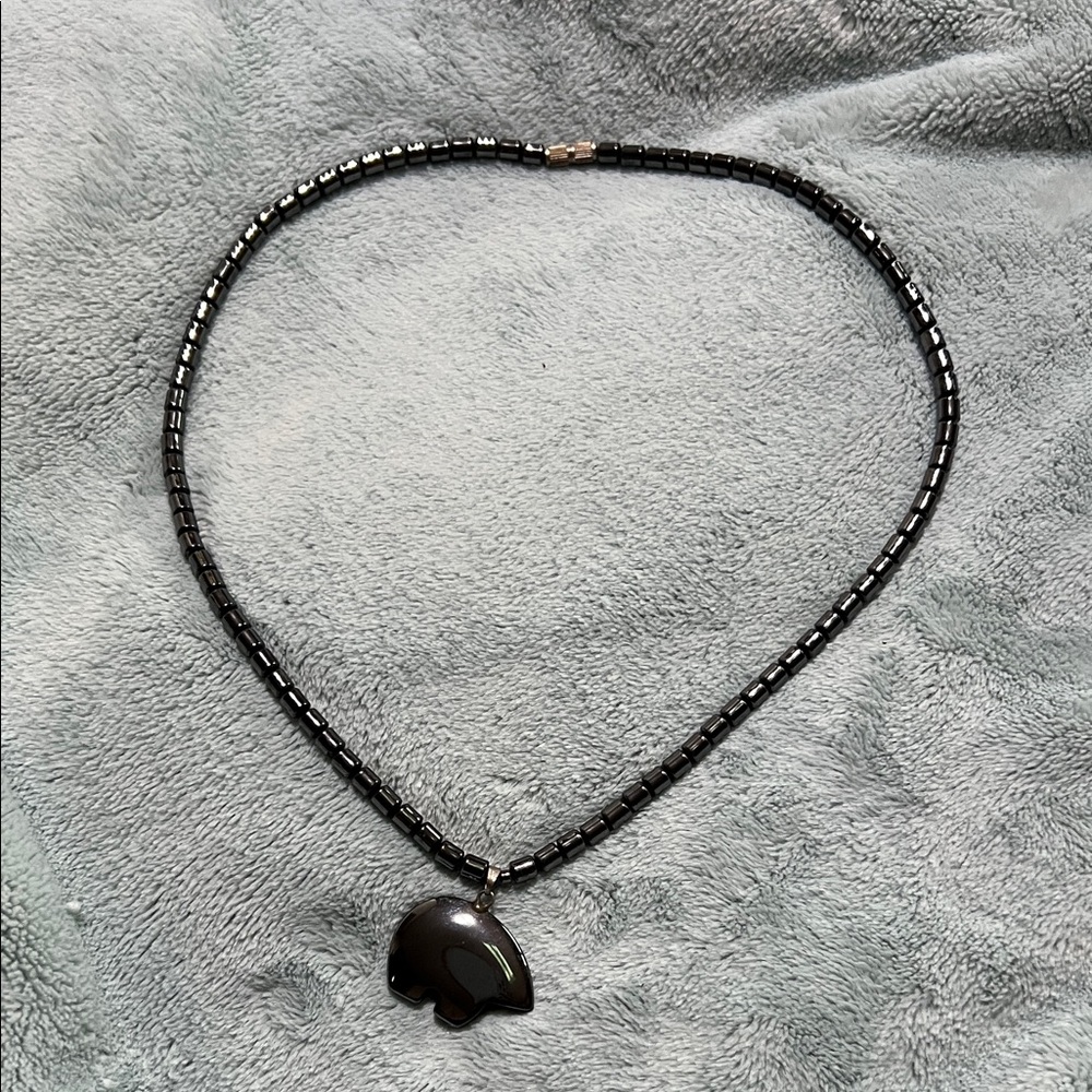 Black Beaded Necklace with Bear Pendant